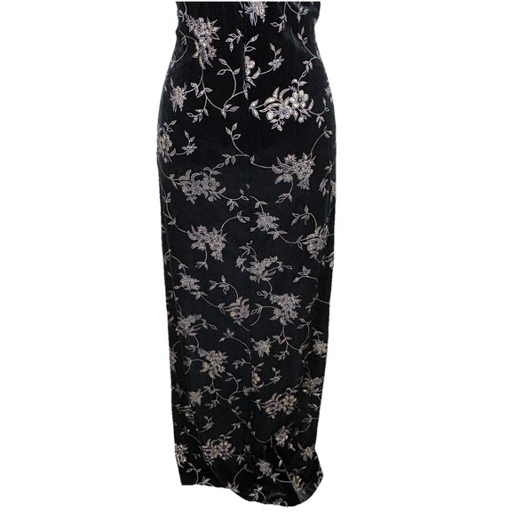 Black Velvet Floral Maxi Dress Mandarin Collar Asian Inspired Evening Formal 16 - Picture 6 of 14